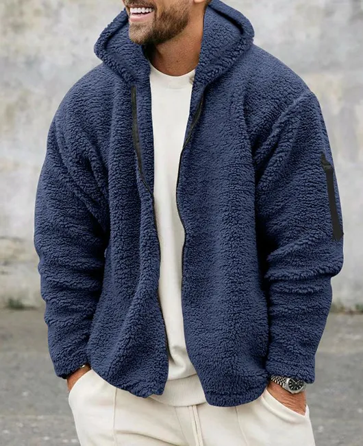 Daily Solid Zipper Pocket Warm Hooded Fleece Jacket