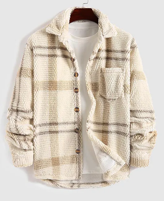 Turndown Collar Chest Pocket Single-breasted Plaid Jacket