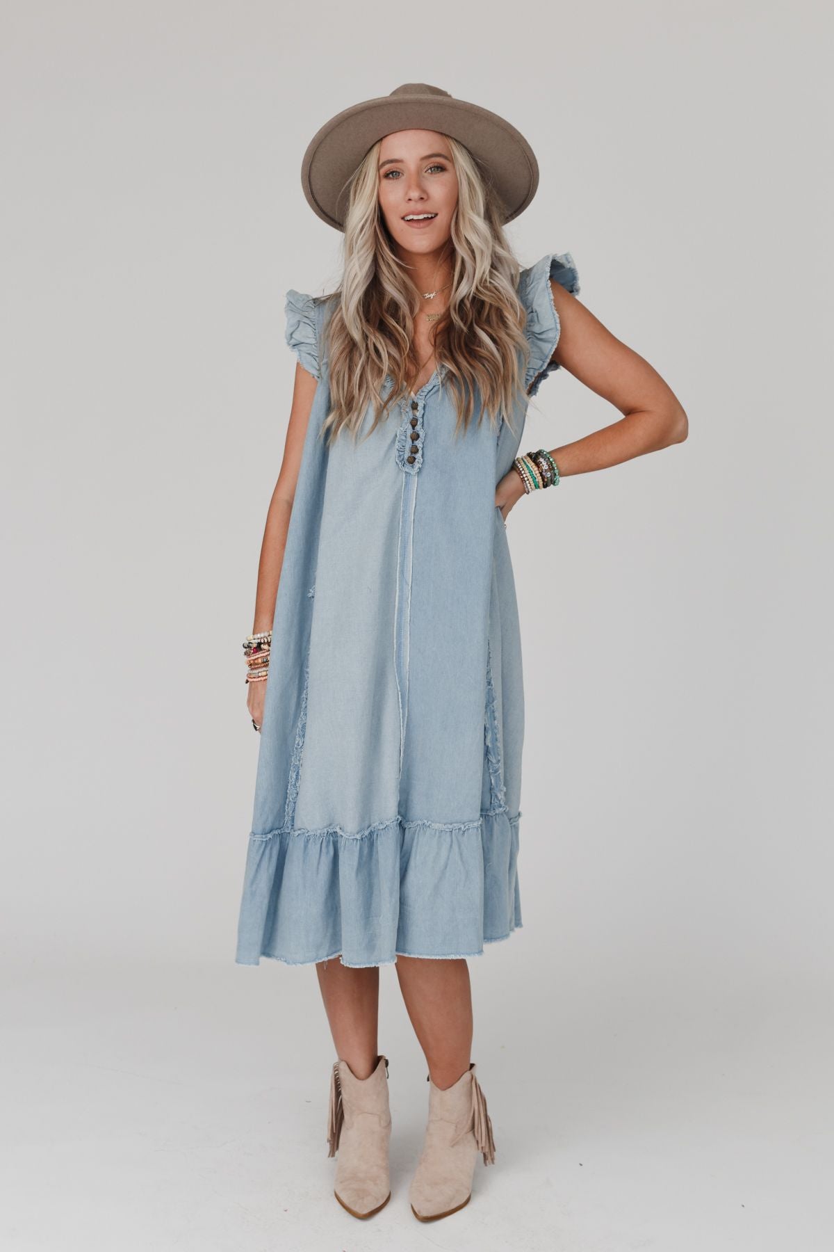 Clayton Ruffle Denim Dress - Denim