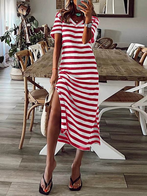 A-Line Loose Printed Split-Side Striped V-Neck Midi Dresses