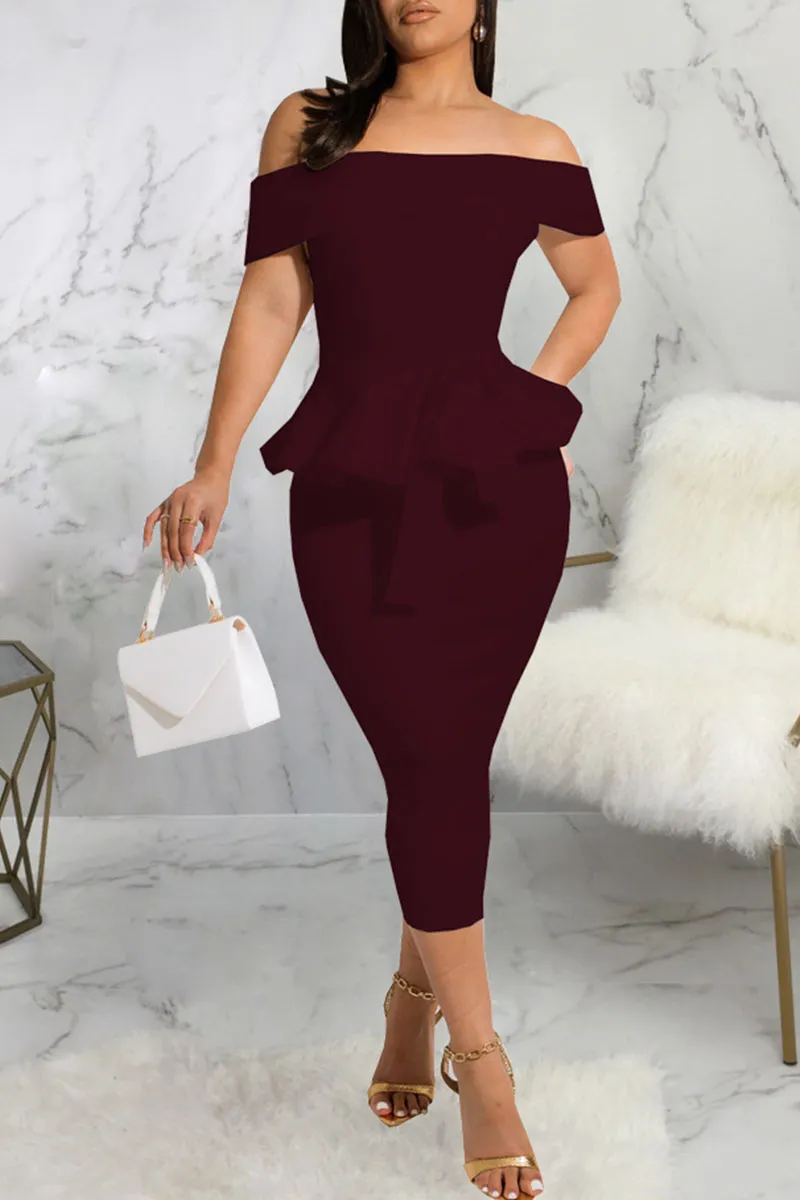 Burgundy Work Elegant Solid Bandage Patchwork Flounce Off the Shoulder Dresses