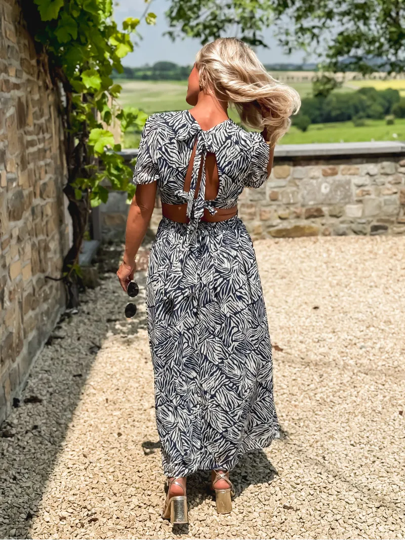 MYA PATTERNED SHORT SLEEVE DRESS - NAVY BLUE