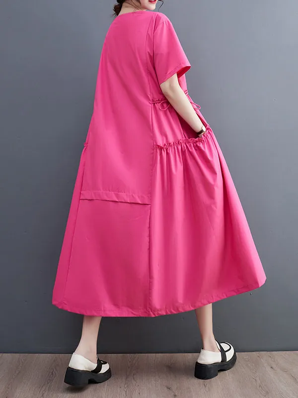 Loose Short Sleeves Solid Color Split-Joint Round-Neck Midi Dresses