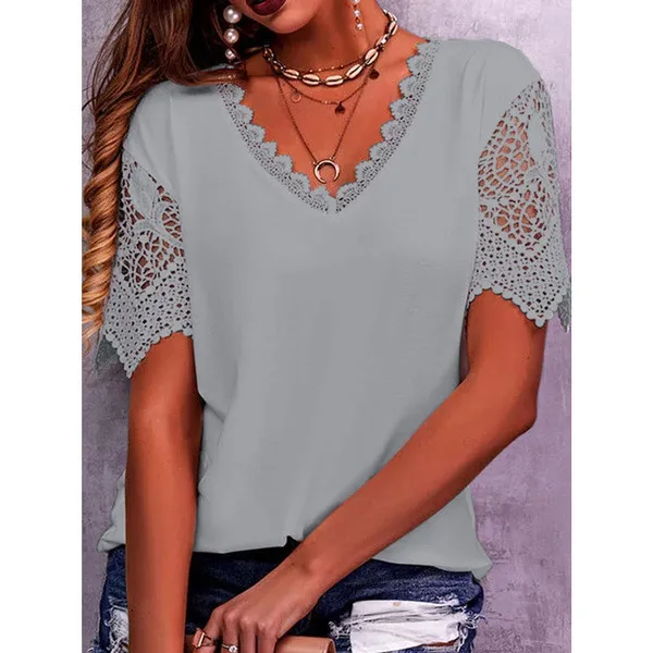 Women's Lace Patchwork Loose V-neck T-shirt