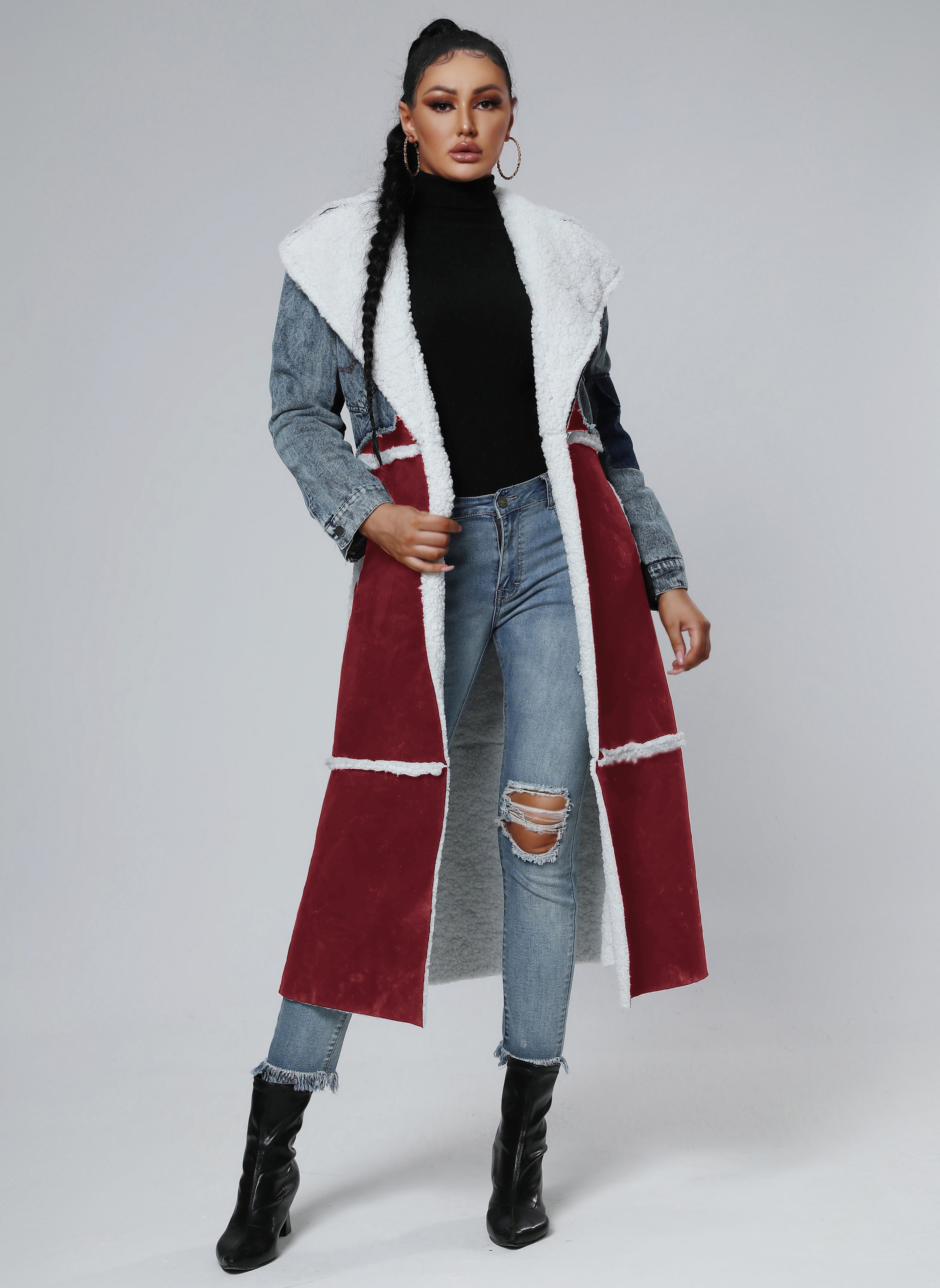 Winter Stitching Fur & Denim Coat Long Outerwear