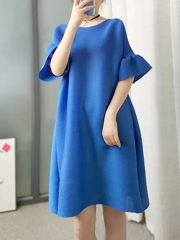 Stylish Selection Flared Sleeves A-Line Pleated Solid Color Round-Neck Midi Dresses