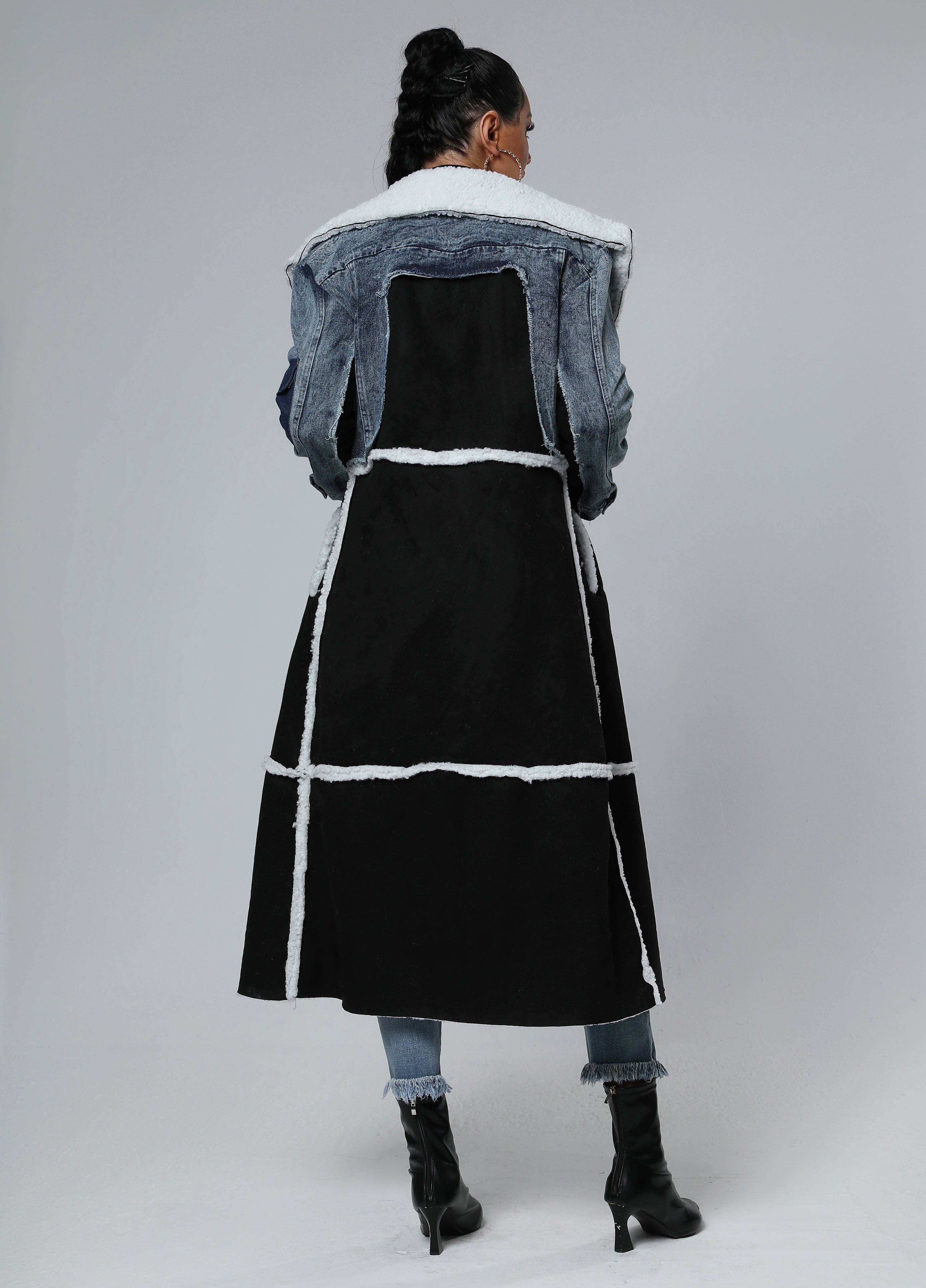 Winter Stitching Fur & Denim Coat Long Outerwear