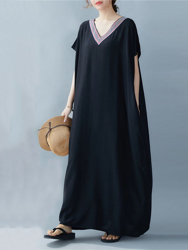 Casual Artistic Retro Striped V-Neck Short Sleeves Maxi Dress