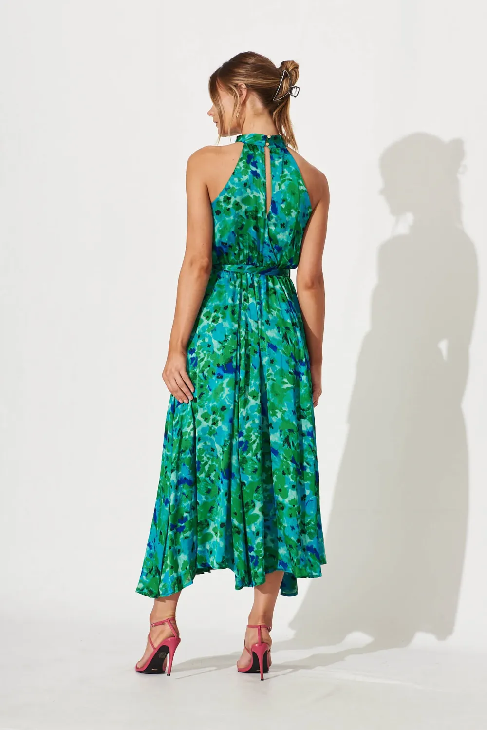 Kiss Me Halter Neck Maxi Dress In Green Watercolour Print