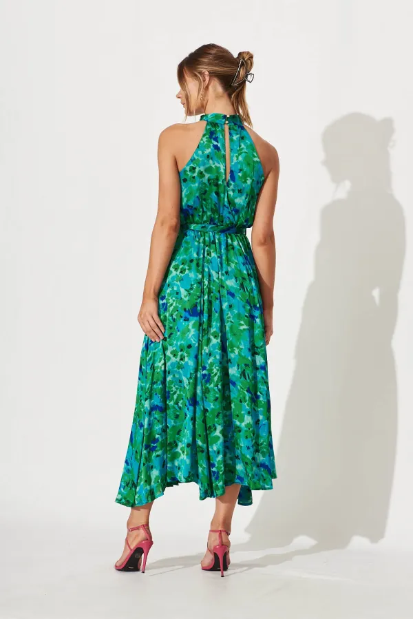 Kiss Me Halter Neck Maxi Dress In Green Watercolour Print