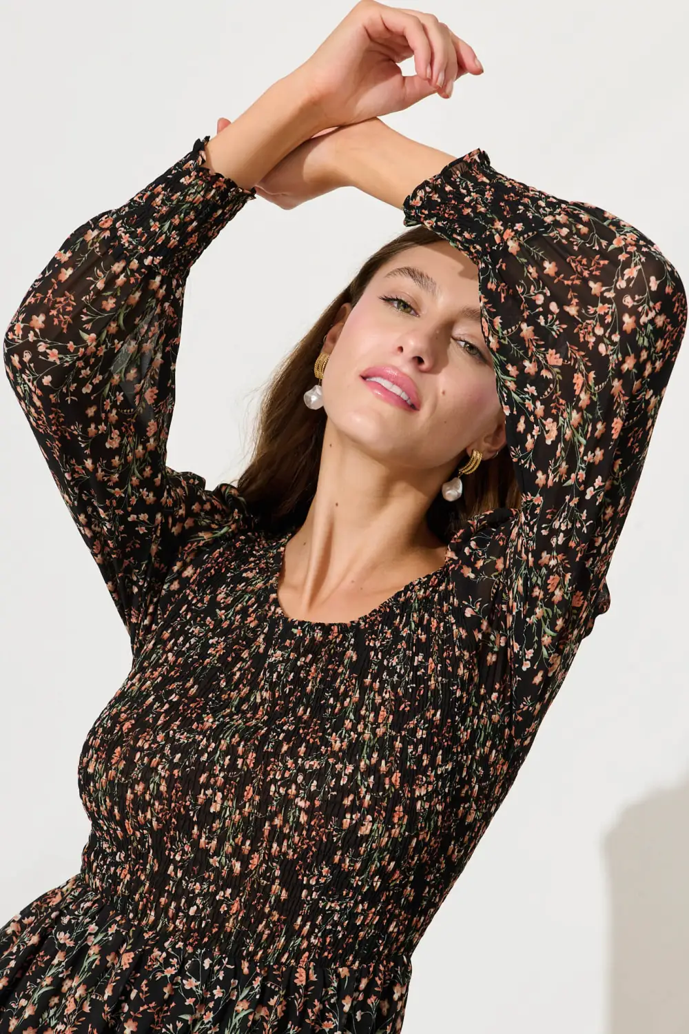 Fleece Dress In Black With Rust Floral Chiffon