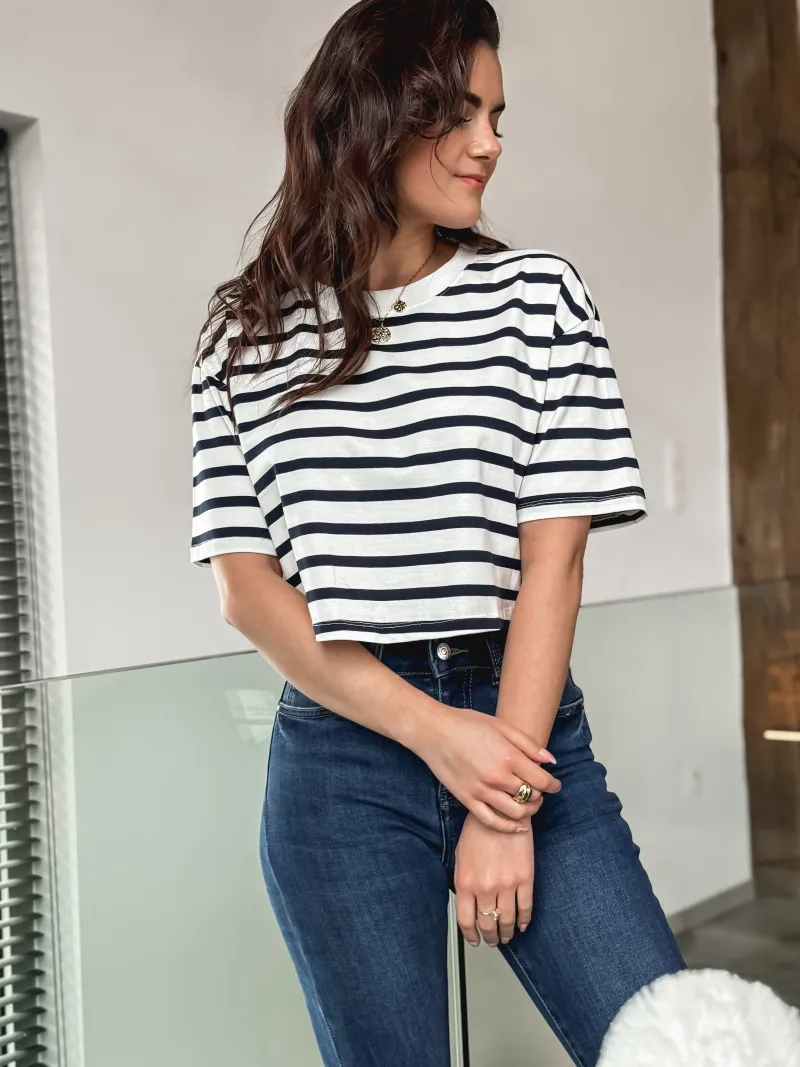 JANE STRIPED CROP T-SHIRT - NAVYWHITE