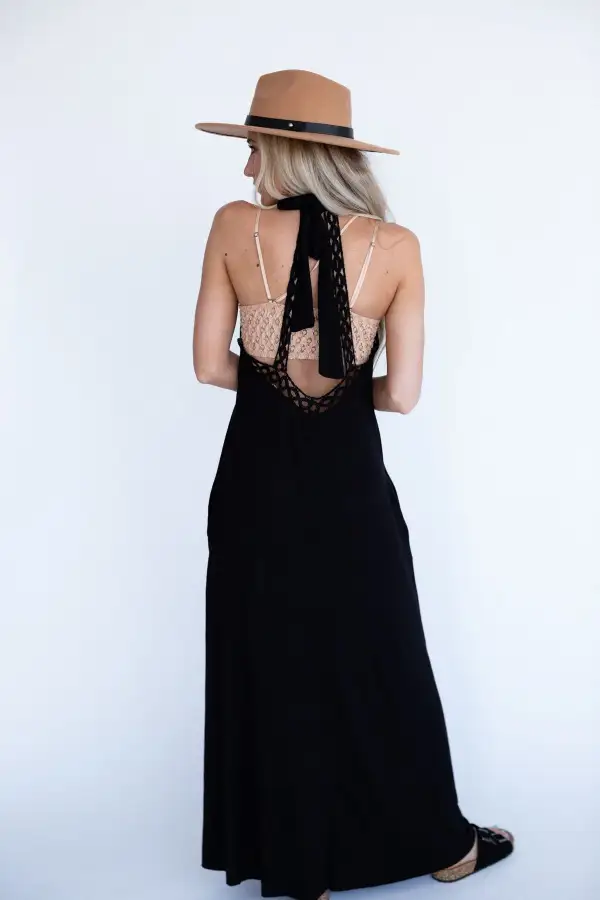 Giselle High Neck Crochet Maxi Dress - Black