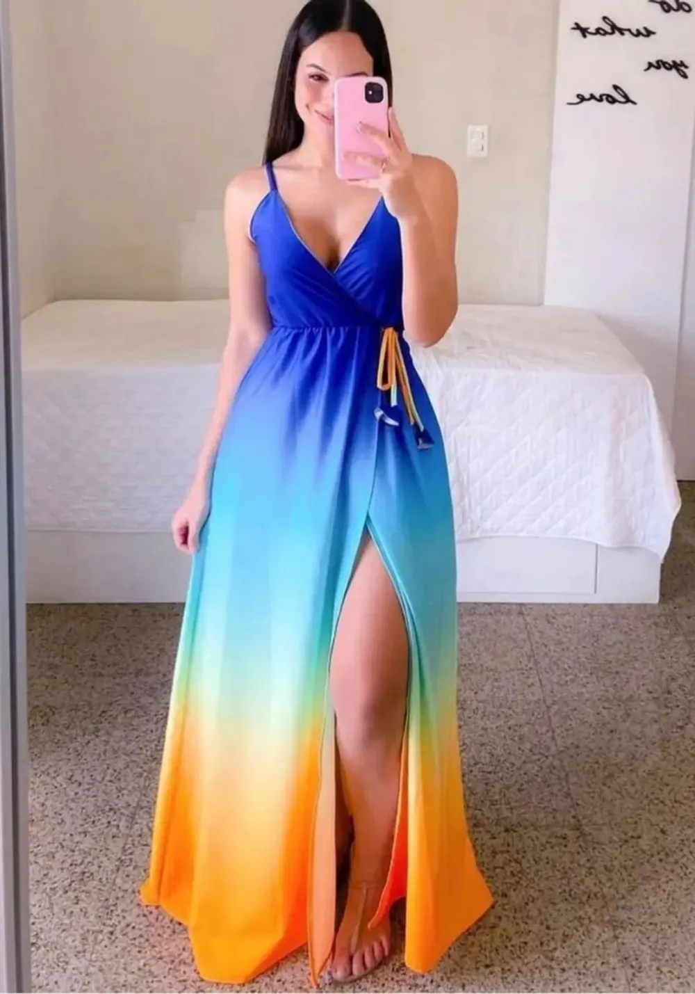 Long Gradient Dress with Blue and Orange Bottom Slit