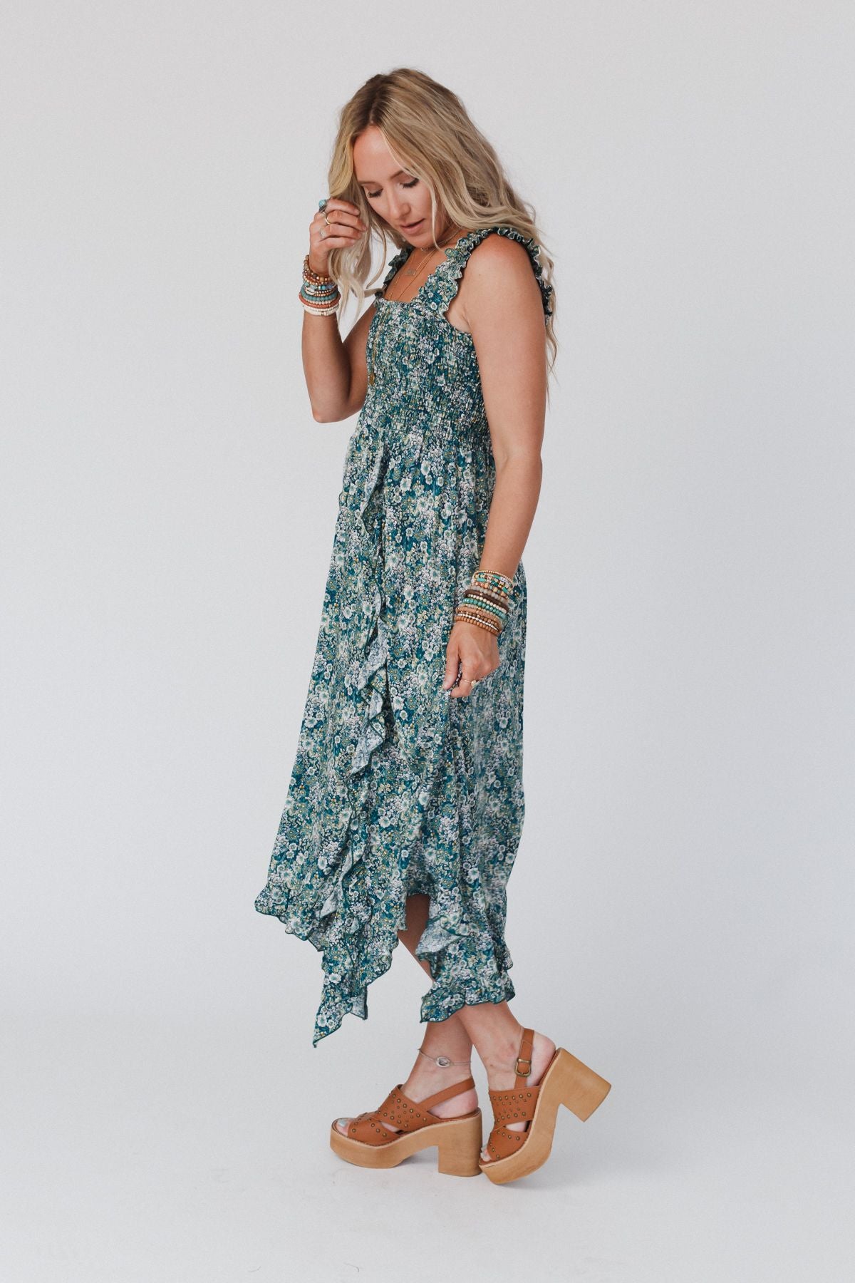 Smitten Smocked Ruffle Maxi Dress - Green