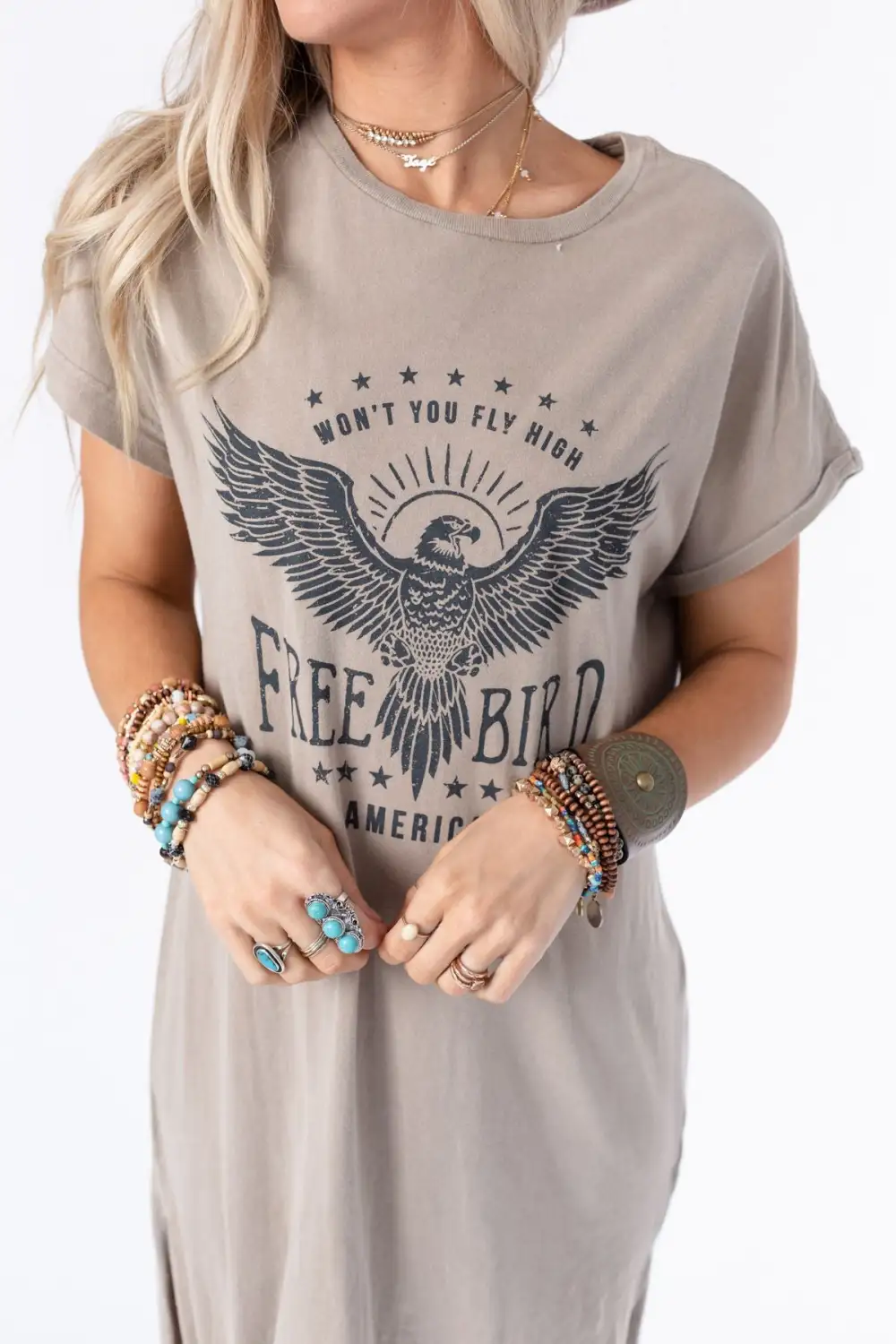 Free Bird Tee Dress - Khaki