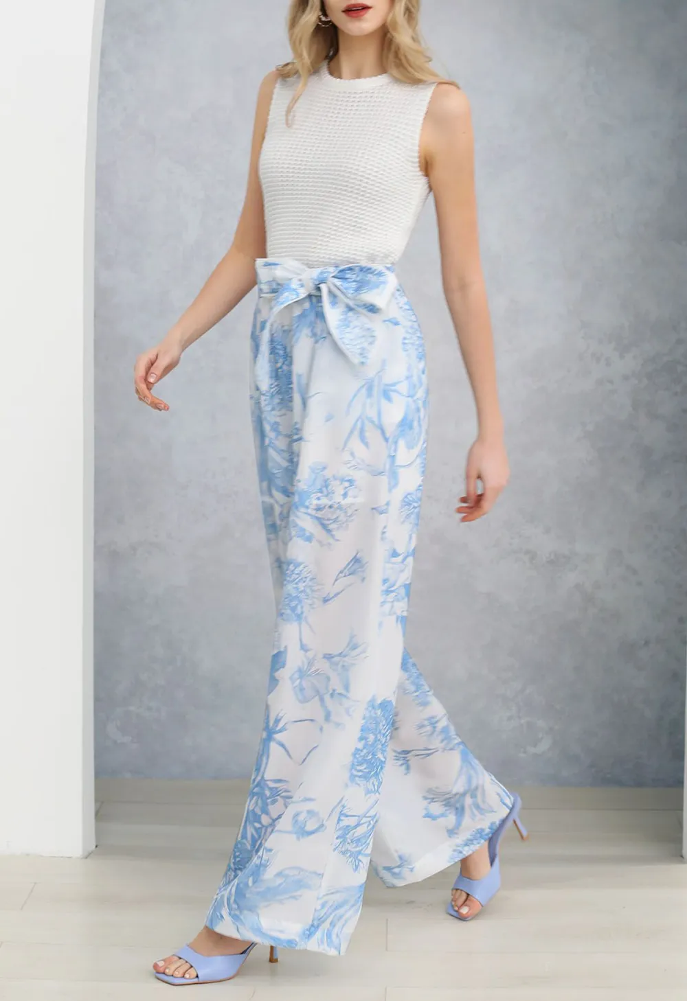 BLUE BOUQUET PRINTED WIDE-LEG PANTS