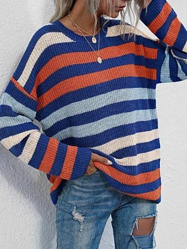 Crew Neck Drop Shoulder Mixed Stripes Sweater