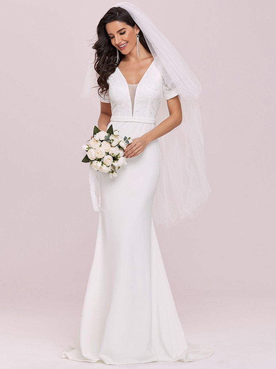 Plunge Neck Lace Bodice Wholesale Maxi Fishtail Wedding Dress