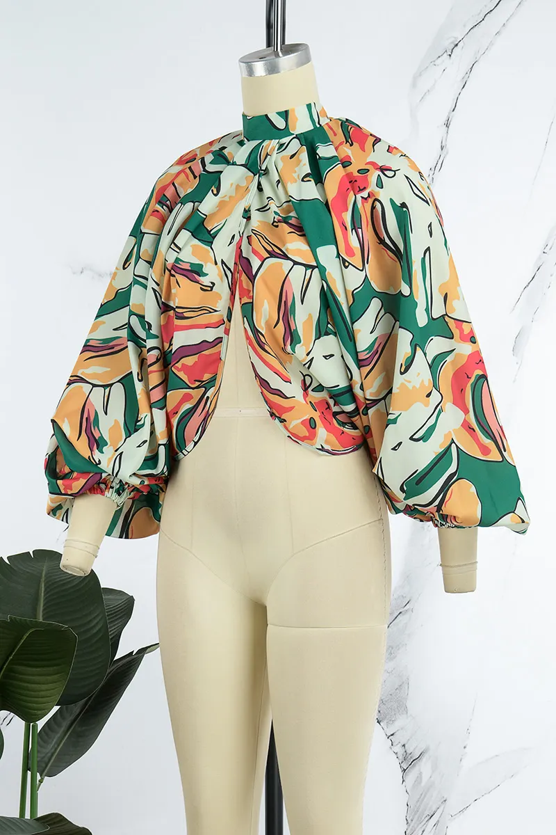 Light Green Casual Print Patchwork Slit Half A Turtleneck Tops