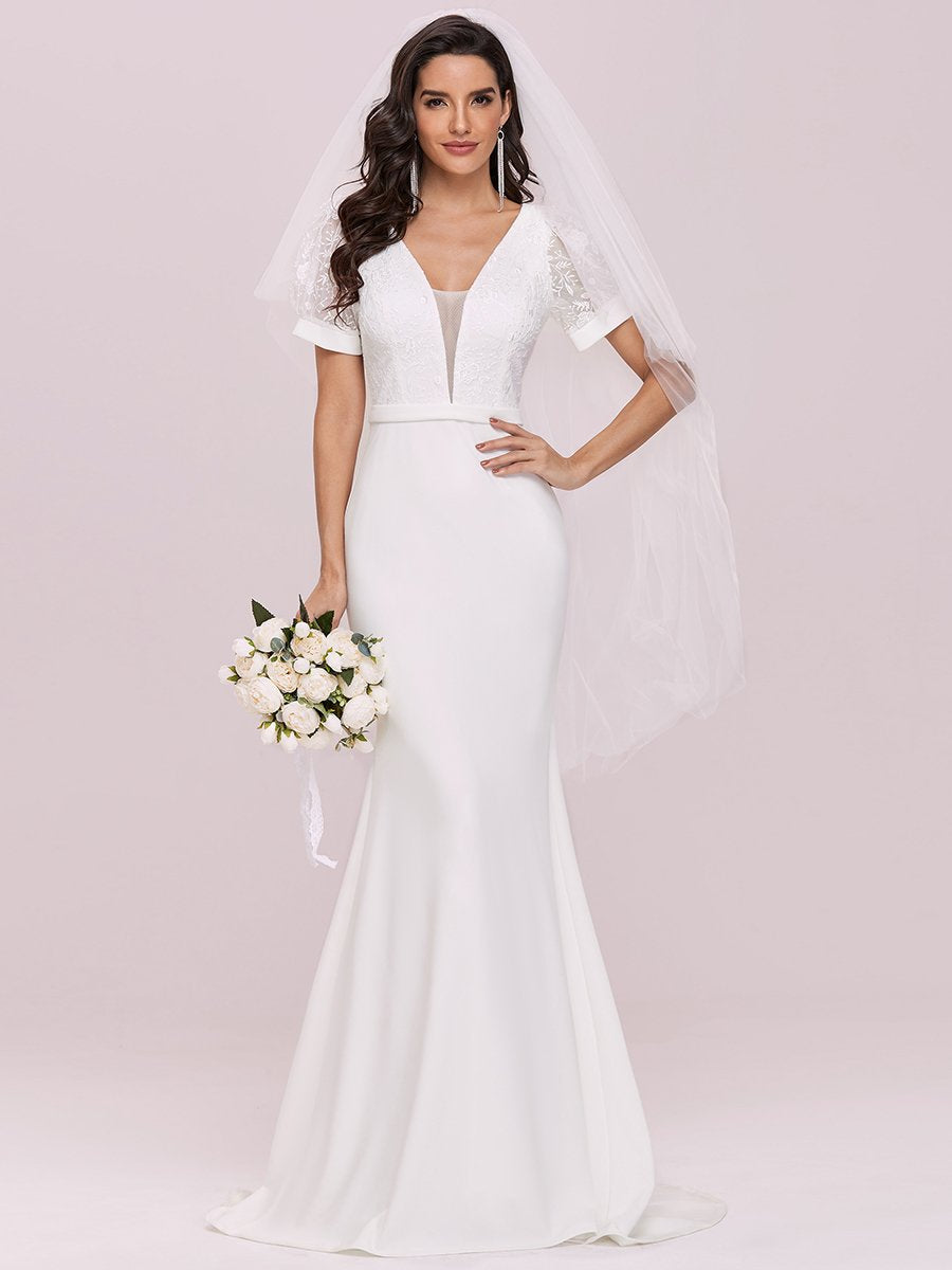 Plunge Neck Lace Bodice Wholesale Maxi Fishtail Wedding Dress