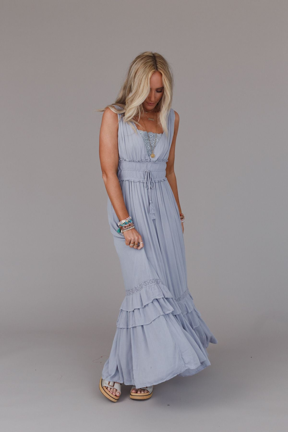 Santa Maria Tiered Lace Maxi Dress - Washed Gray