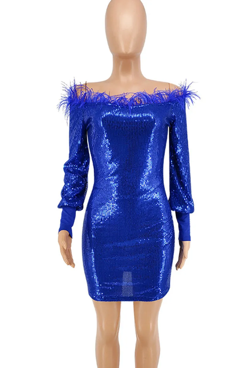 Blue Sexy Solid Sequins Patchwork Feathers Off the Shoulder Pencil Skirt Dresses