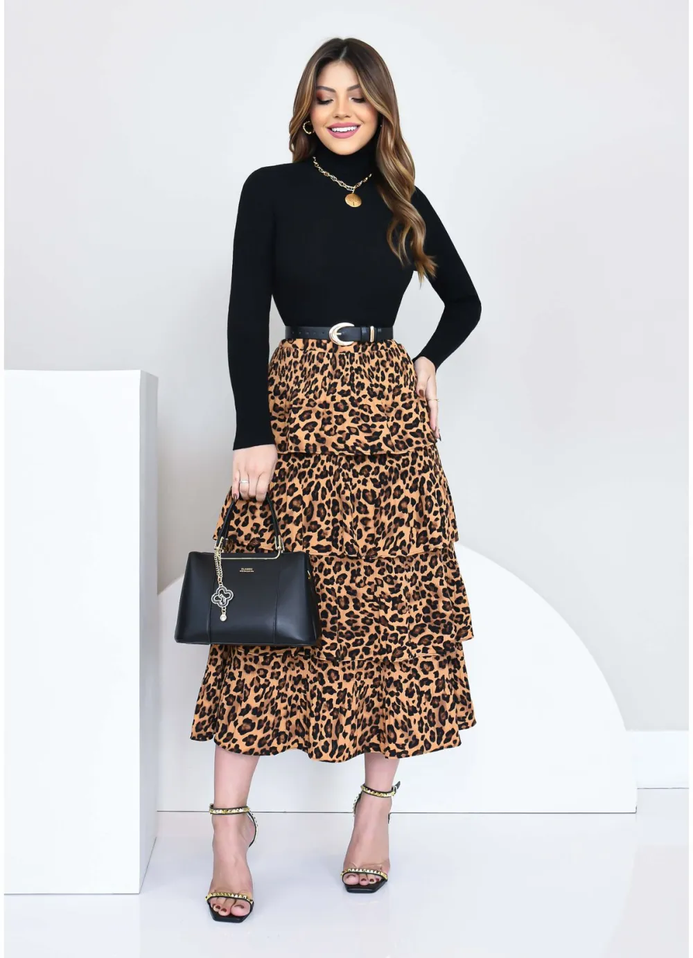 LEOPARD PRINT LAYERED MIDI SKIRT