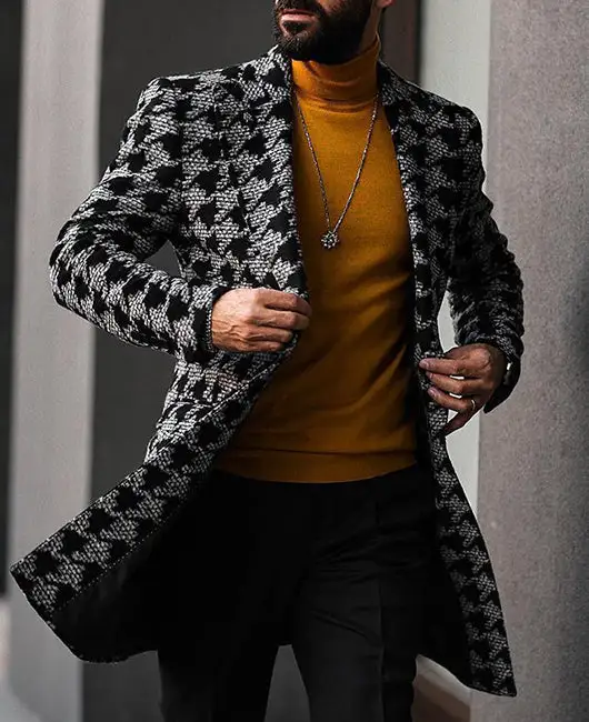 Men Lapel Collar Houndstooth Print Coat