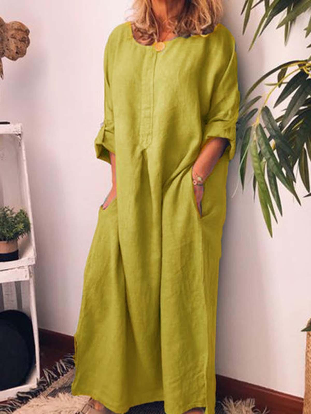 Solid Roll Cuff Pocket Side Cotton And Linen Maxi Dress