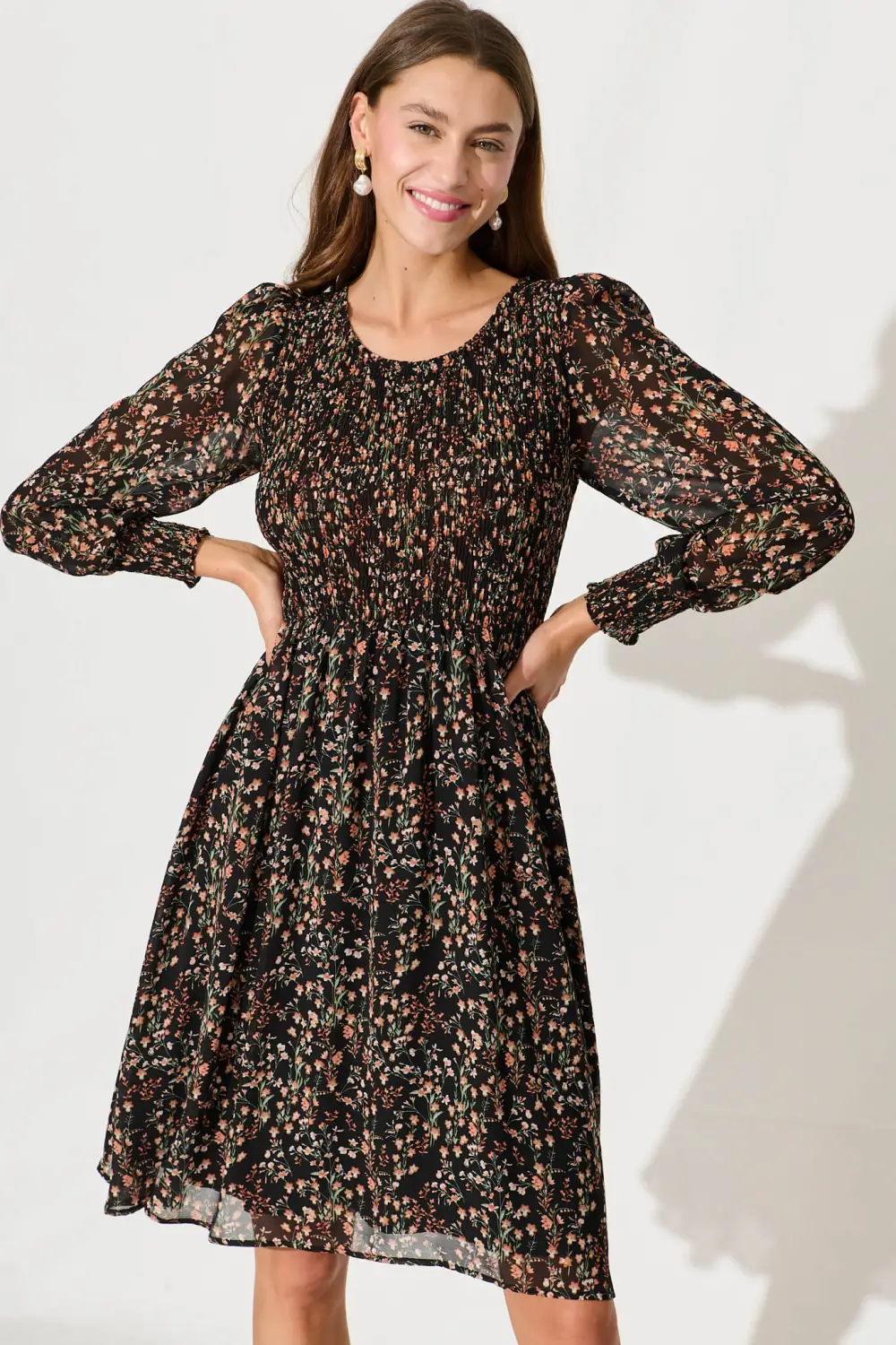 Fleece Dress In Black With Rust Floral Chiffon