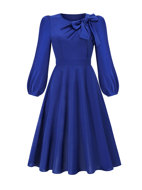 A-Line Long Sleeves Asymmetric Bowknot Elasticity Solid Color Round-Neck Midi Dresses