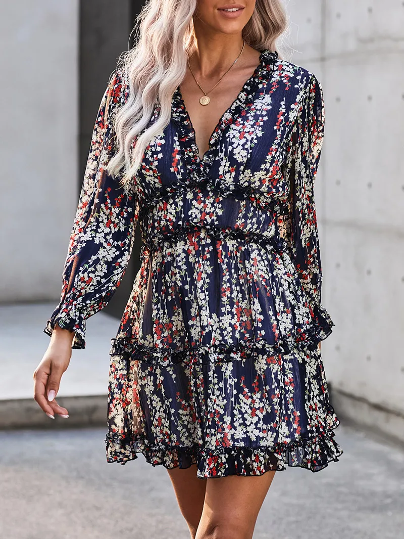 Blue Ruffle Detailing Open Back Floral Dress