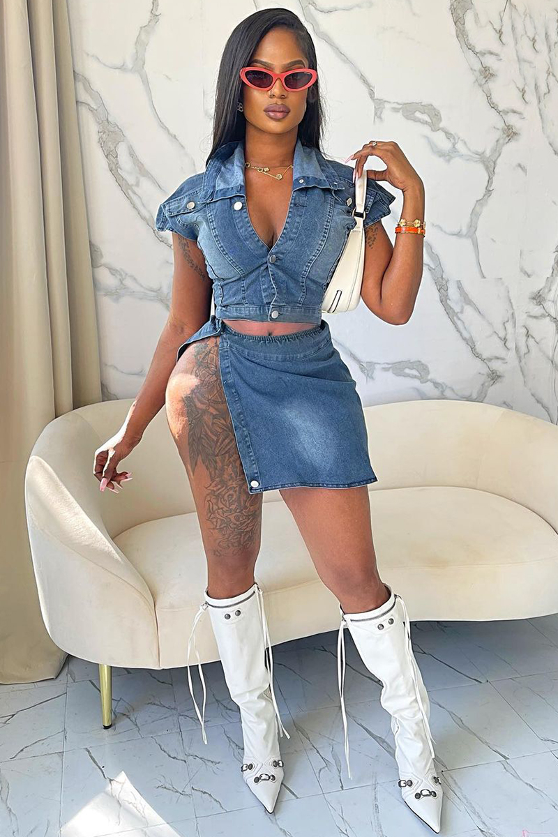 Denim Deep V Sleeveless Top Slit Mini Skirt Matching Set