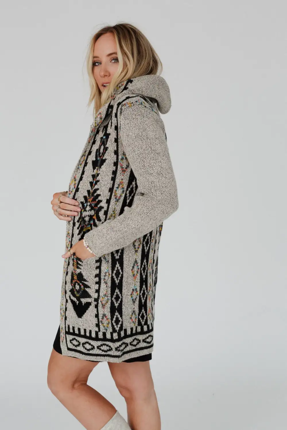 Way to Roam Aztec Print Hooded Cardigan - Oatmeal