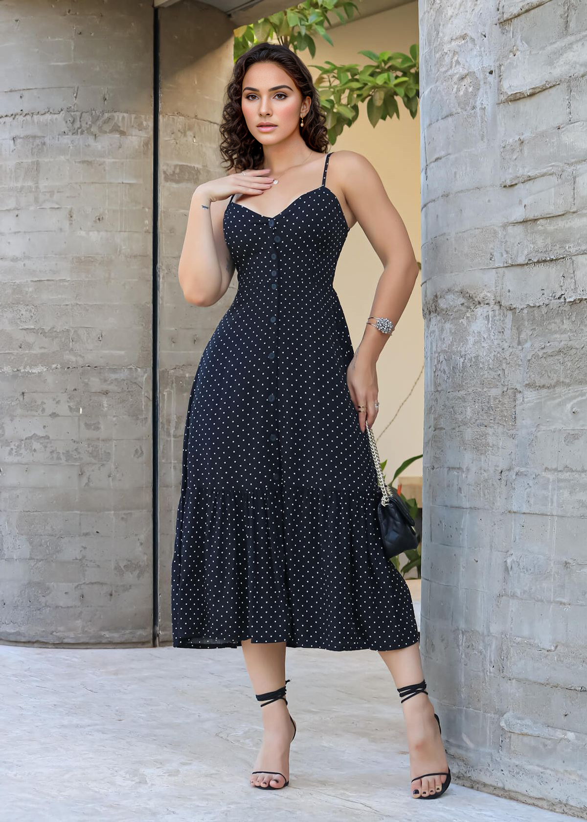 Mini Polka Dot Button Midi Dress - Black;M