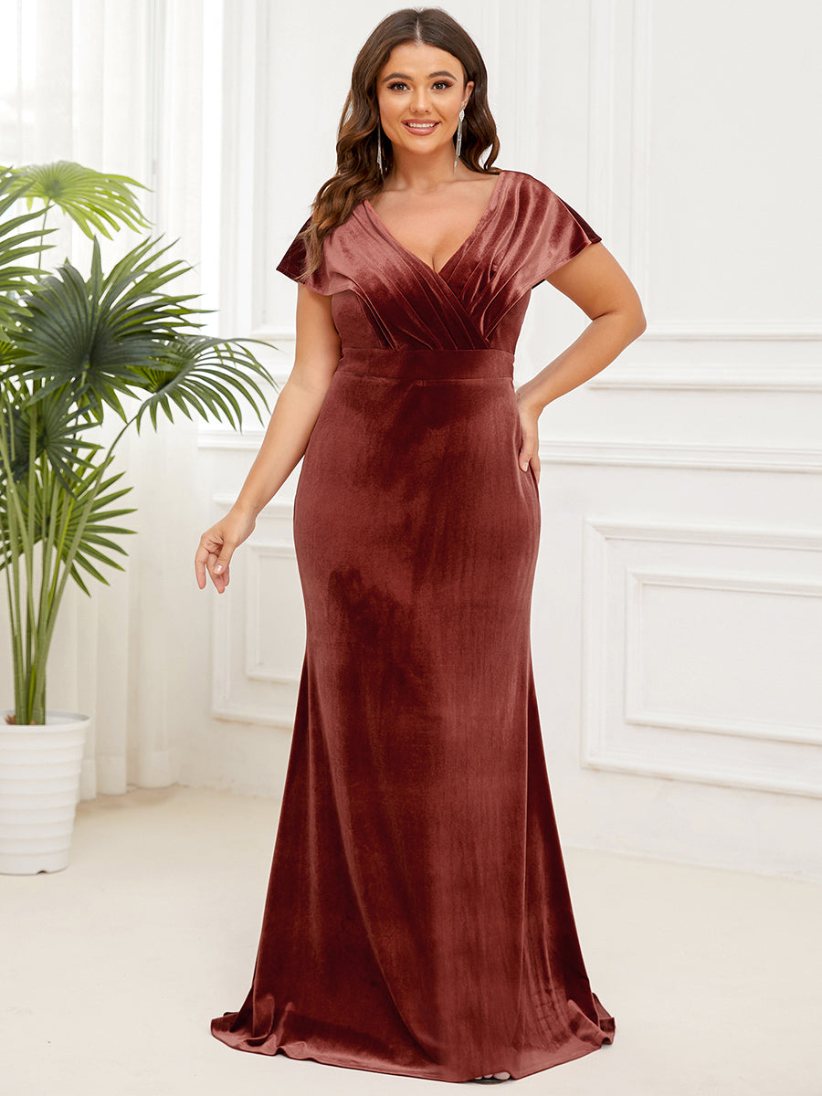 Plus Deep V Neck A Line Wholesale Evening Dresses with Short Sleeves