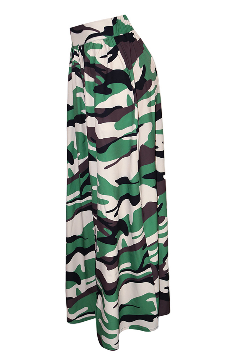 High Slit Camo Print Pleated Maxi Skirt