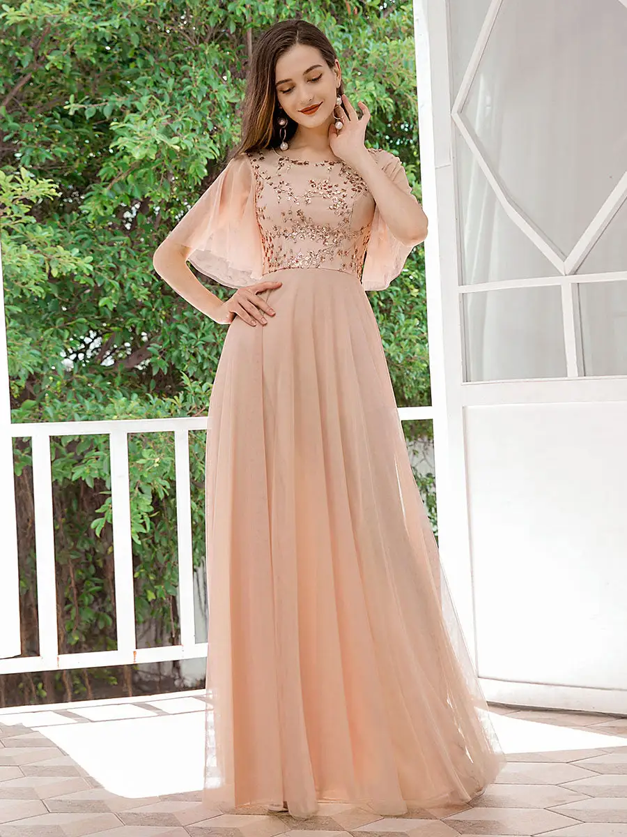 Elegant Tulle Ruffle Sleeves Bridesmaid Dresses Wholesale with Paillette