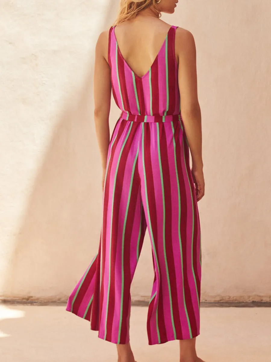 Women's V-neck striped printed holiday jumpsuit