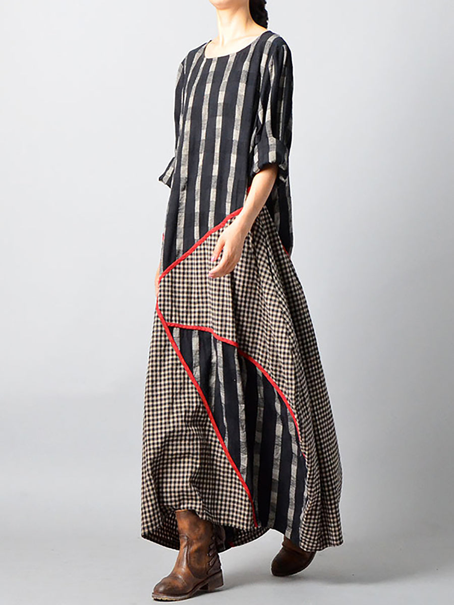 Plus Size - Stripes Plaid Spliced Irregular Cotton Linen Dress