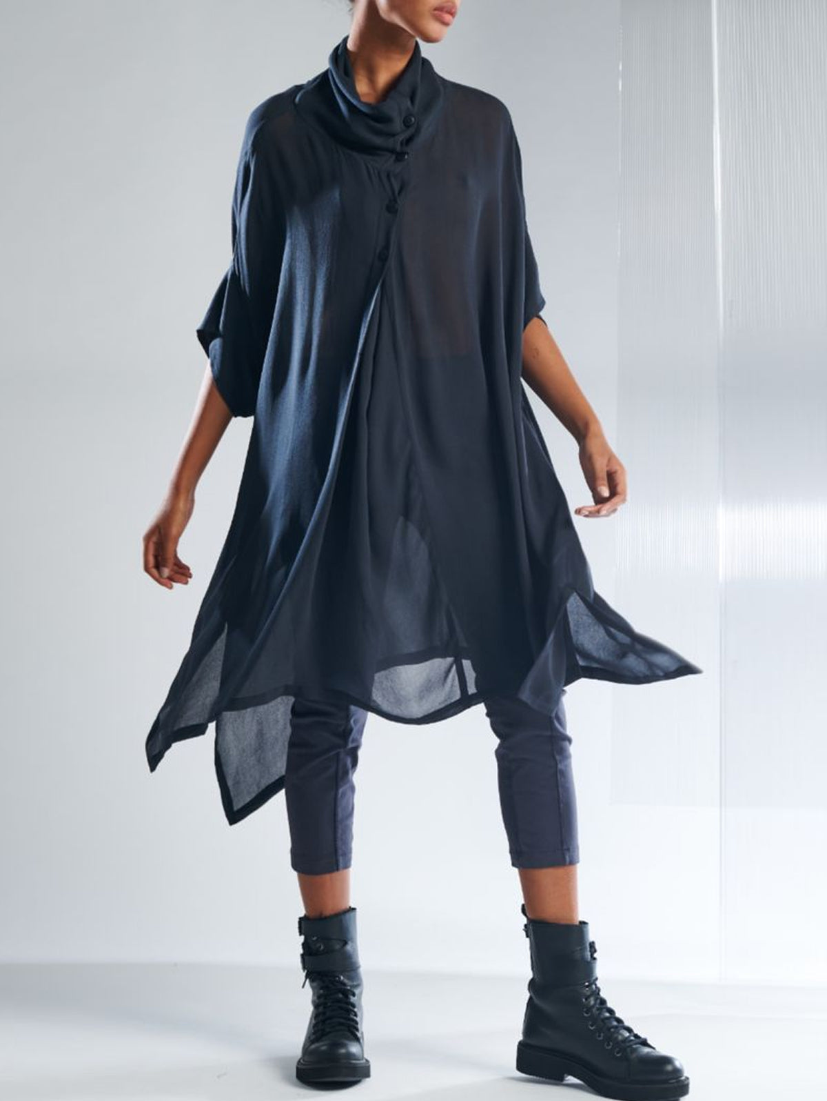 Casual Plain Cowl Neck Half Sleeve Asymmetrical Hem Midi Dress