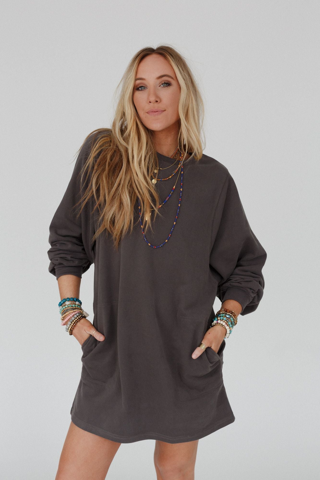 Walk In Love Pocketed Crew Neck Tunic - Ash