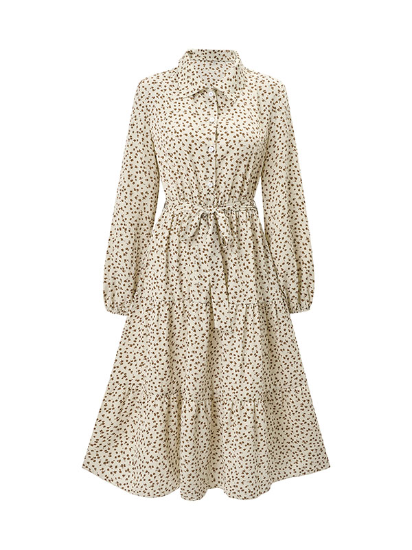 A-Line Long Sleeves Buttoned Flower Print Pleated Split-Joint Tied Waist Lapel Midi Dresses