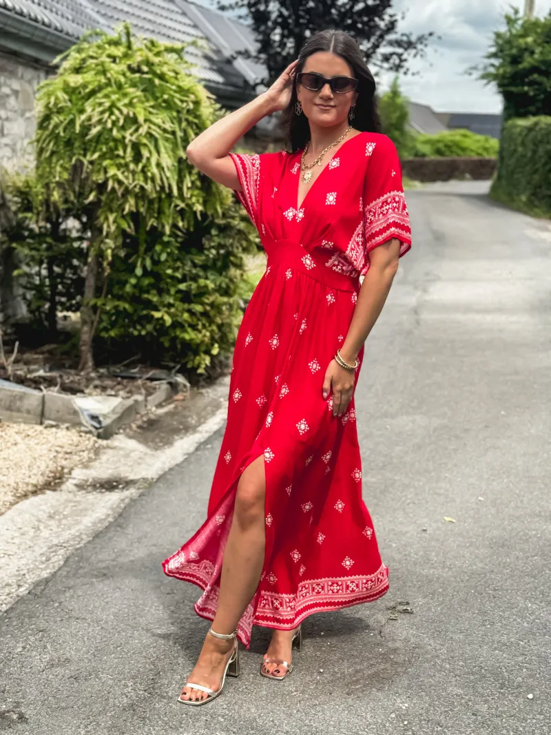 KATALYNA PATTERNED LONG DRESS - RED