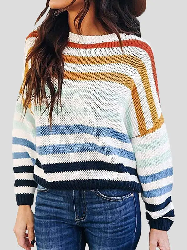 Women's Sweaters Multicolor Striped Round Neck Knitted Sweater