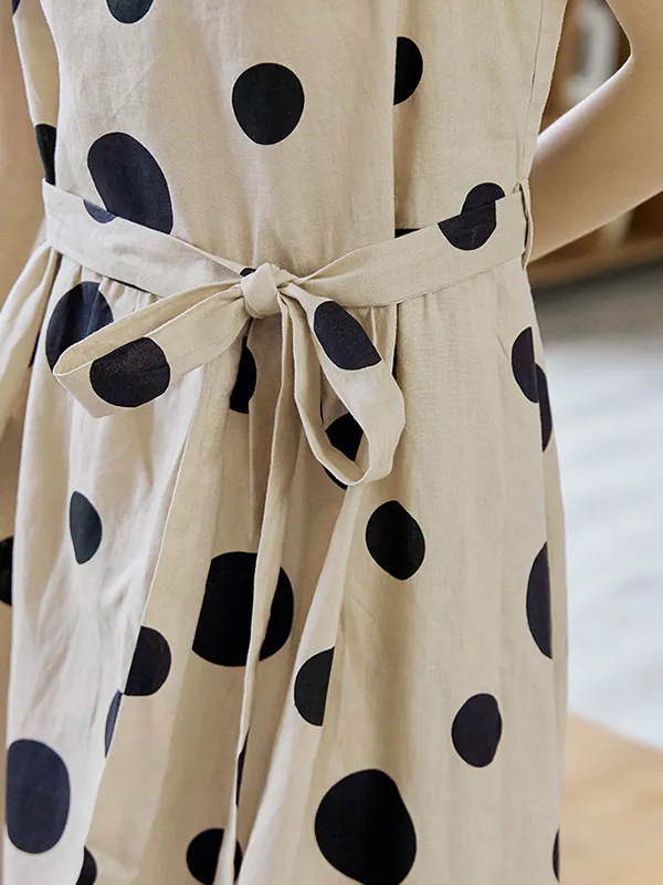 Loose Sleeveless Contrast Color Pleated Polka-Dot Split-Joint Tied Waist Round-Neck Midi Dresses