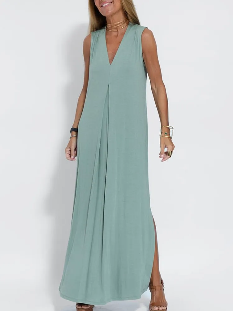 Women Casual Solid Color Sleeveless Maxi Dress