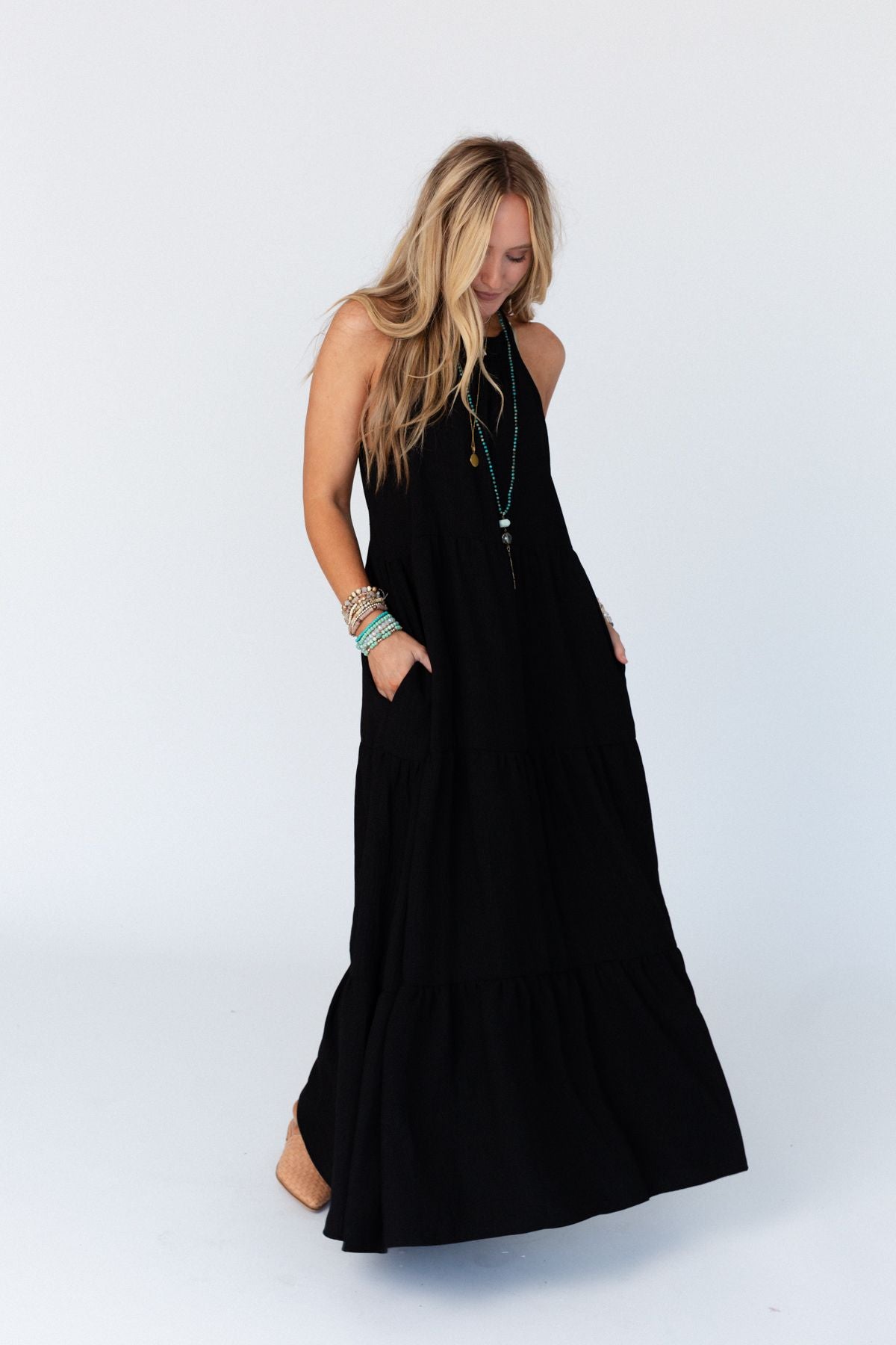 Scarlett Baby Waffle Tiered Maxi Dress - Black