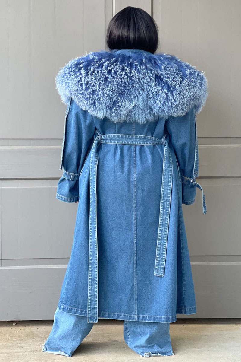 Fluffy Collar Button Tie Waist Denim Trench Coat [Pre Order]